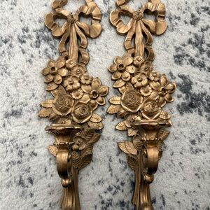 Vintage Syroco Ornate Candle Sconces: Gold Bow and Floral Wall Decor, Pair